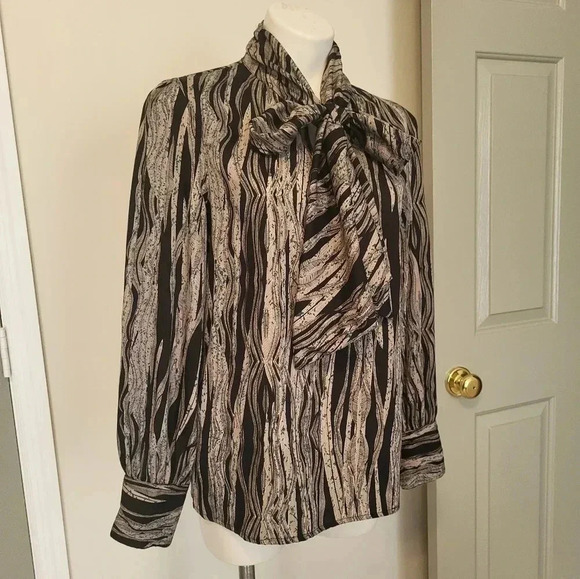 W118 by Walter Baker Geometric Print Black/Tan Blouse with Neck Tie(M)Work Wear - Picture 2 of 8